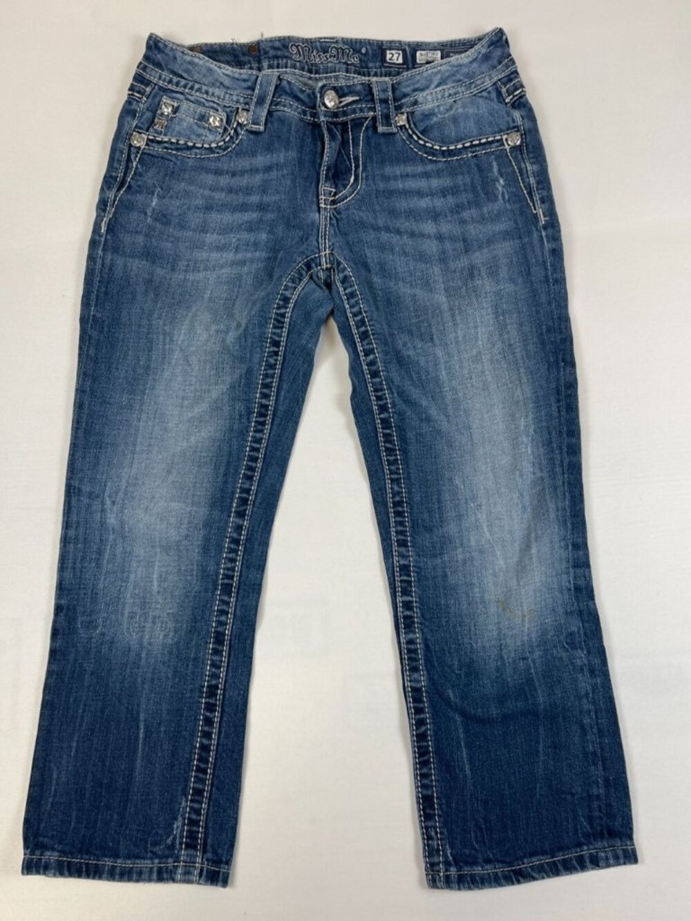 Miss Me Women's 27 Easy Capri Jeans Blue Embellished Sequin Pockets Stretch